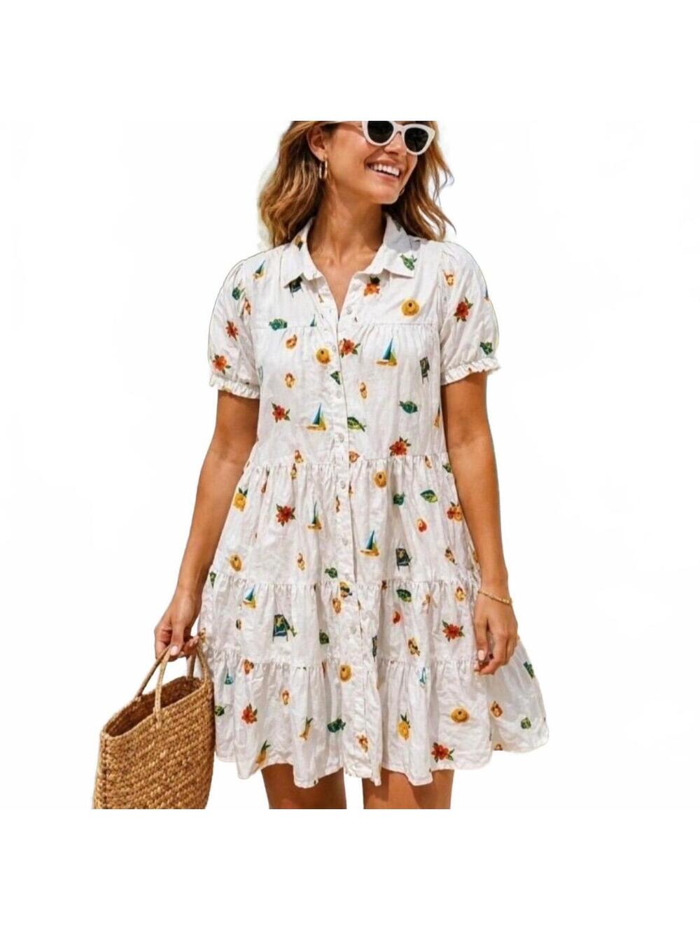 Jane + Delancey Button Down Mini Dress XL Linen Blend Pockets Tiered Beach Comfy